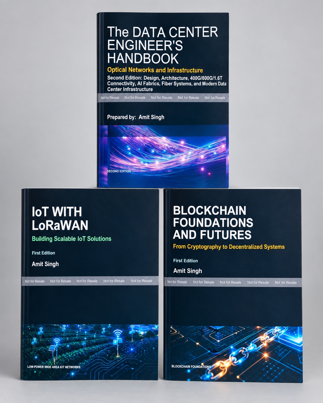 Professional studio presentation of three published books by Amit Singh: The Data Center Engineer's Handbook, IoT with LoRaWAN, and Blockchain Foundations and Futures