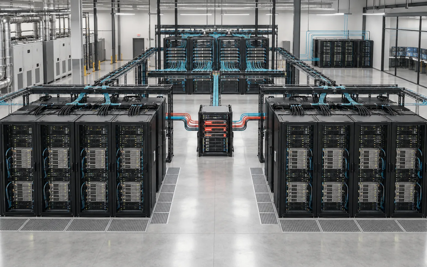 Enterprise AI validation lab with separated GPU compute zones, a network fabric, inline security inspection, and observability systems